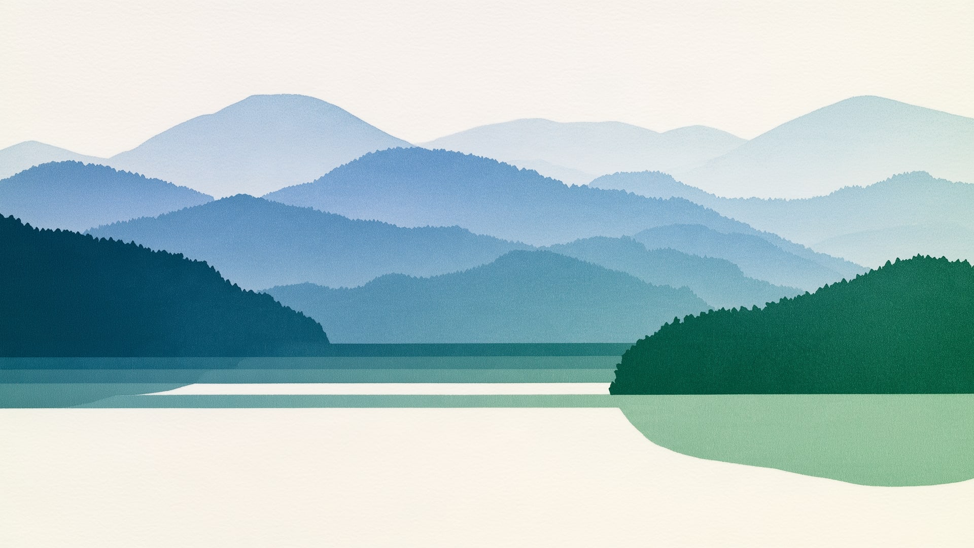 Washes of ridge green and lake blue meeting at a pale horizon