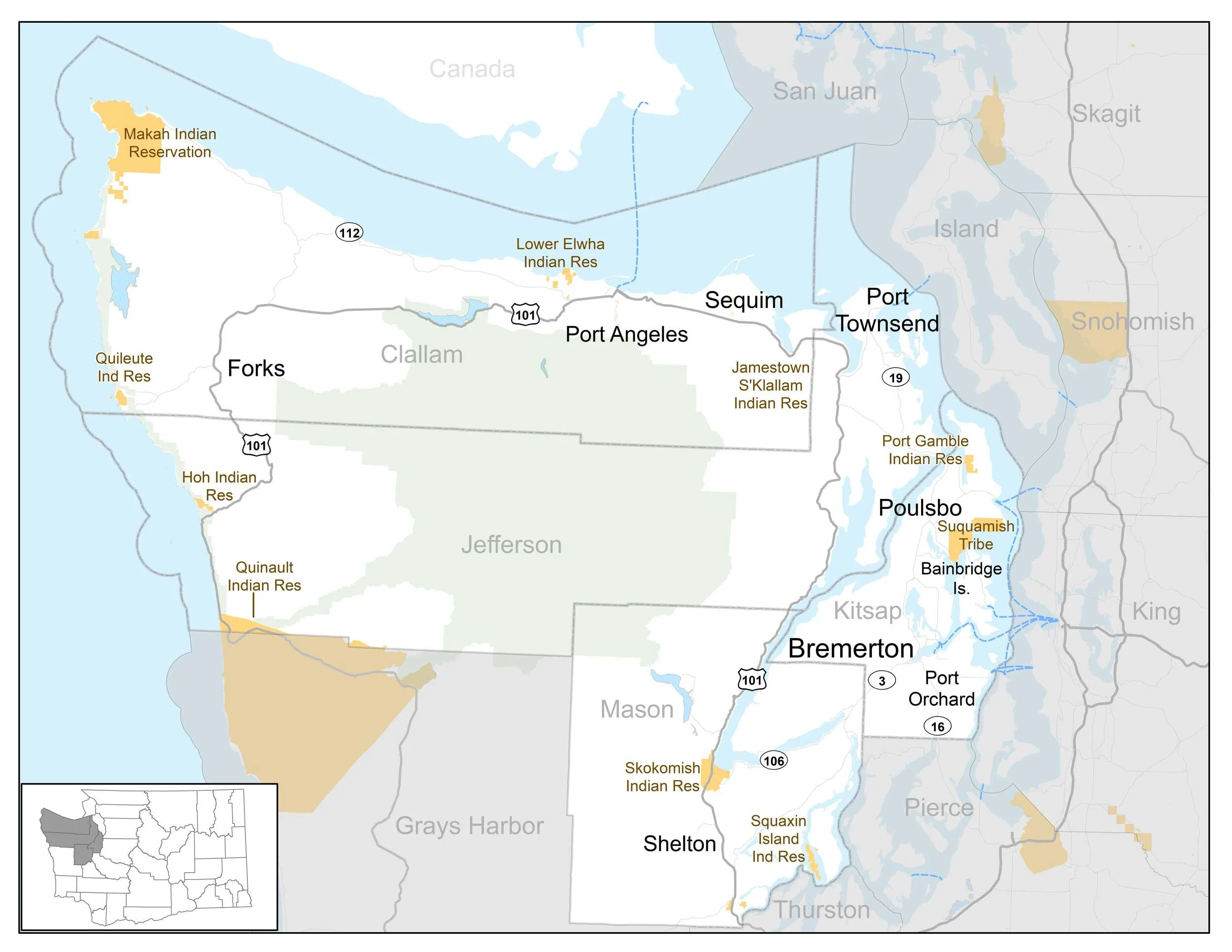 Map of the Peninsula region: Clallam, Jefferson, Kitsap and Mason Counties. The map is read out in full below it.