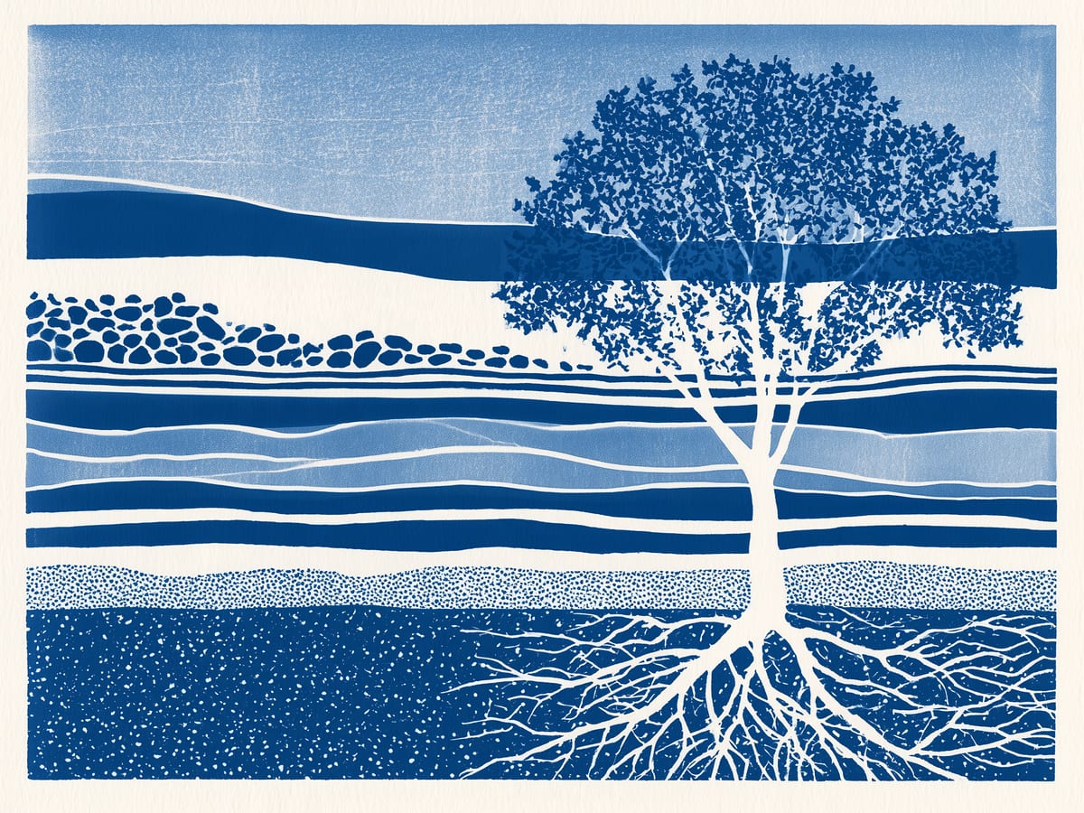 Oak canopy above ground and roots reaching through layered strata to the water table