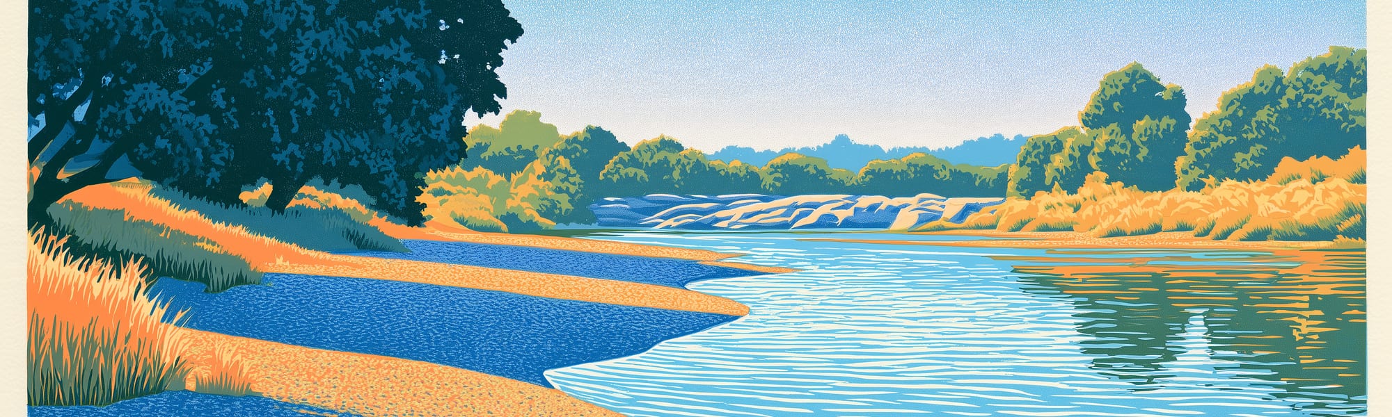 Gold summer grass, oak canopy and a blue river bar