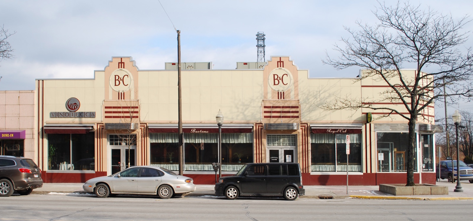 The Art Deco B&C block on South Main Street, its ground-floor storefronts running along the downtown sidewalk