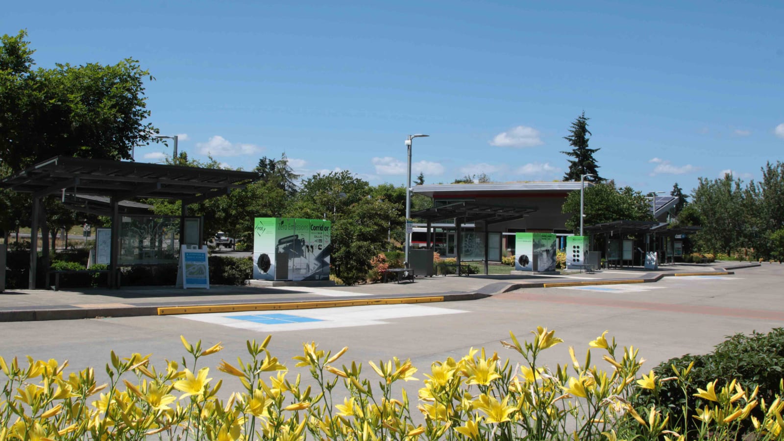 Shelter bays and plantings at a Cherriots transit center