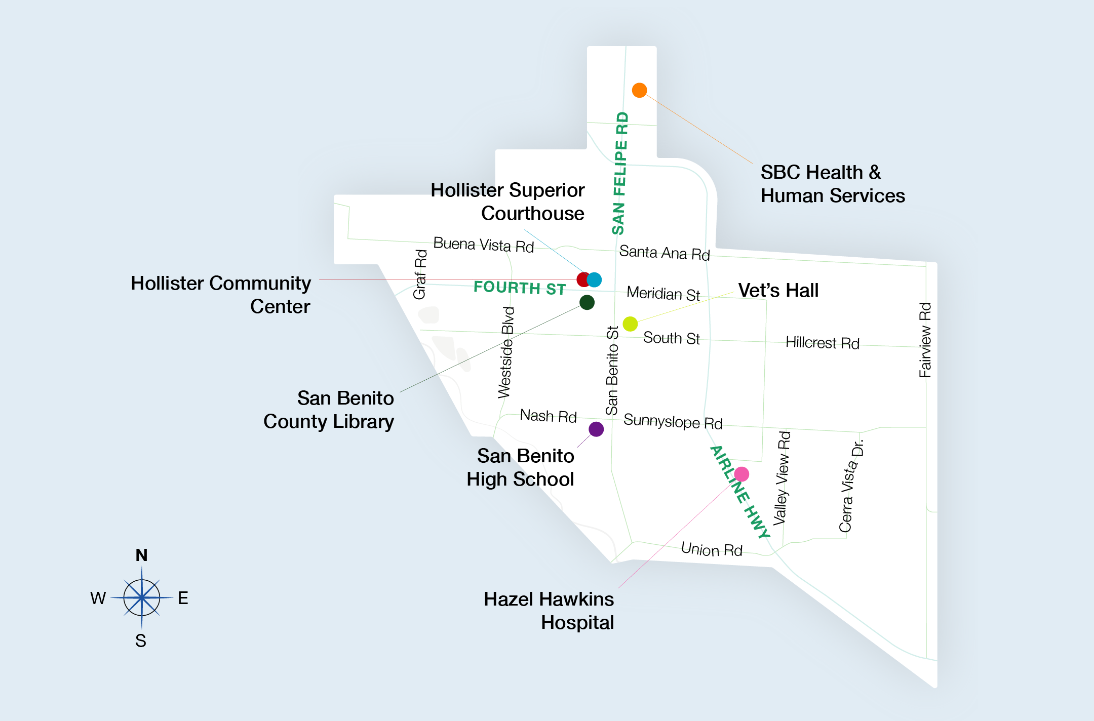 Hollister service-area map marking Fourth Street, the courthouse, Vet's Hall, the county library, San Benito High School, and Hazel Hawkins Memorial Hospital