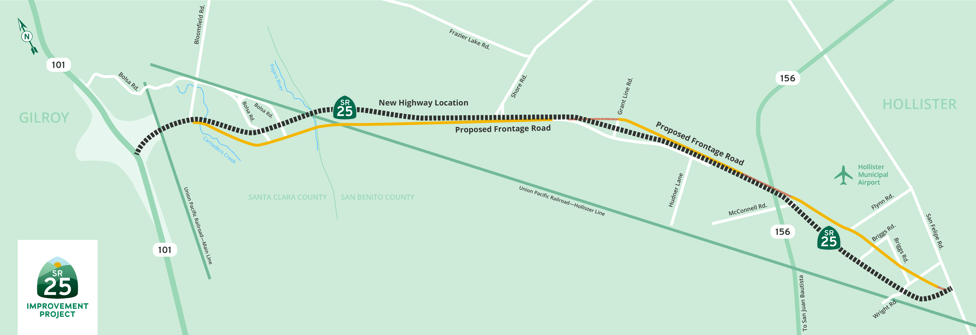 SBCOG map of the State Route 25 improvement alignment between Hollister and Gilroy, including the proposed frontage road