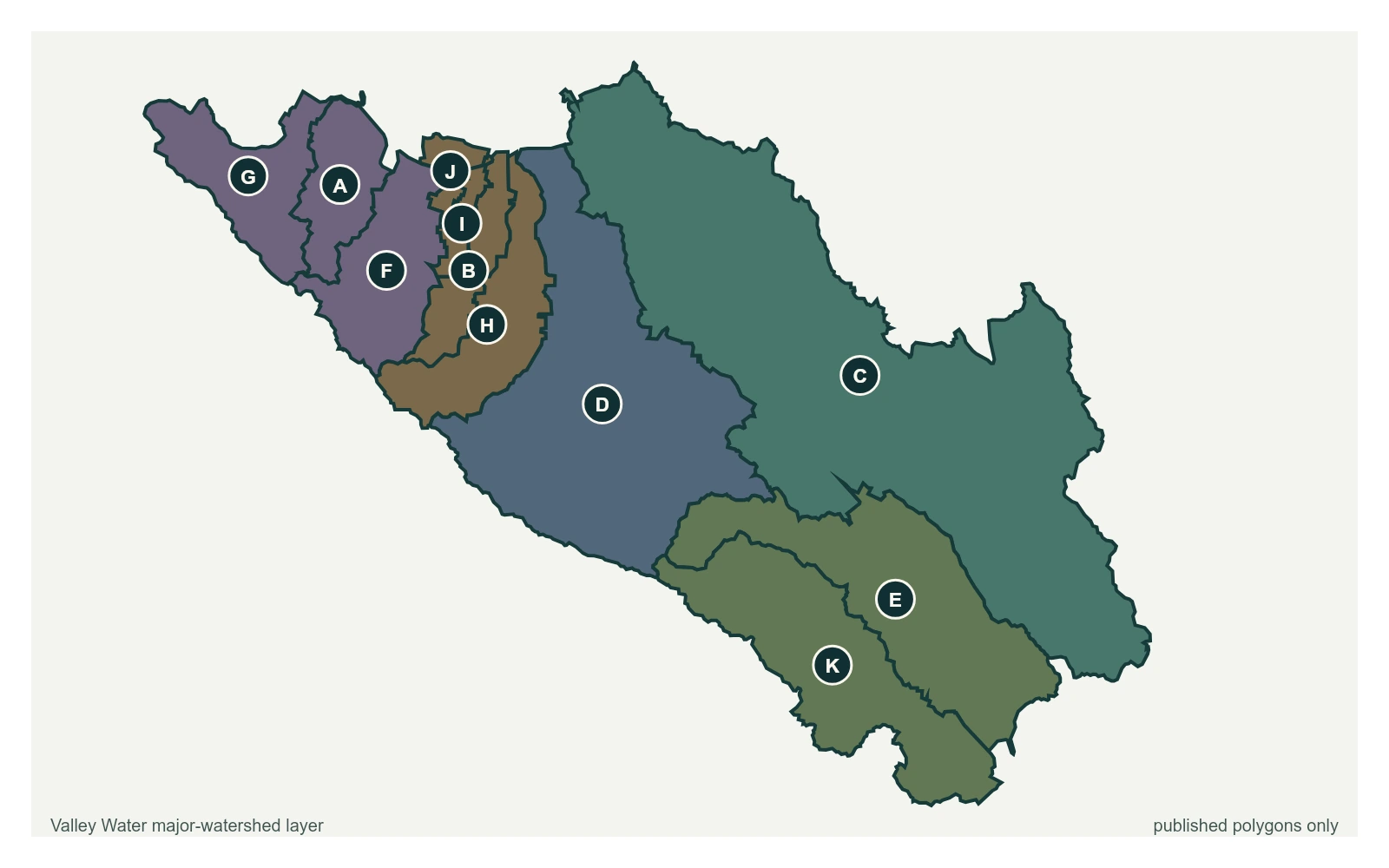Valley Water's published watershed polygons from the foothills to San Francisco Bay
