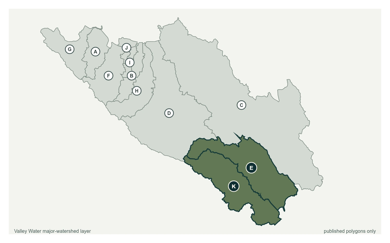 Pajaro portal-group sensors plotted at their published coordinates over Valley Water's major-watershed polygons.