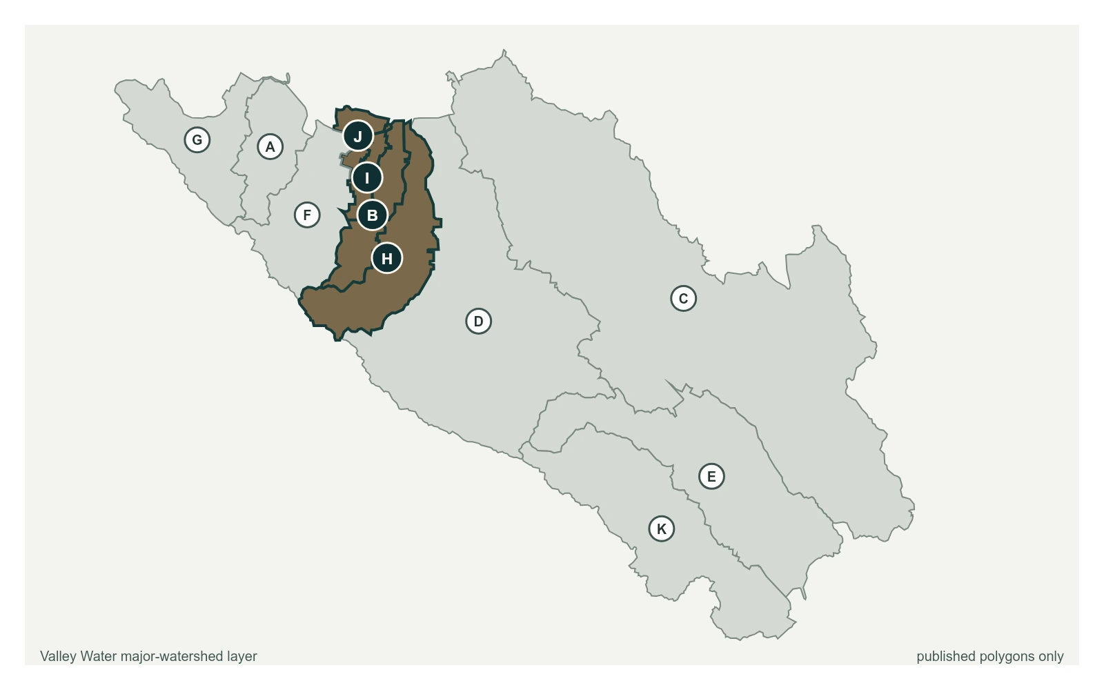 West Valley portal-group sensors plotted at their published coordinates over Valley Water's major-watershed polygons.