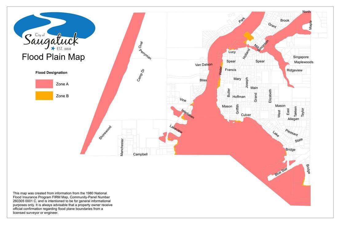 The City's flood plain map. Zone A, shaded pink, covers the Lake Michigan shoreline, the Kalamazoo River along Water Street, Kalamazoo Lake out to Blue Star Highway, and the creek valley running northeast past Simonson Street; a few small patches of Zone B, in orange, sit at its edges, the largest near Holland Street.
