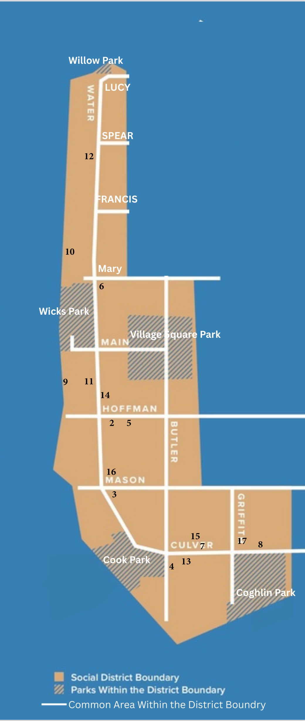 Map of the social district: a tan area from Willow Park at Lucy Street south along Water Street to Culver Street, widening east to Butler and Griffith streets, with Wicks, Village Square, Cook, and Coghlin parks hatched inside it, the commons area's streets drawn in white, and the participating bars and restaurants numbered 2 to 17.