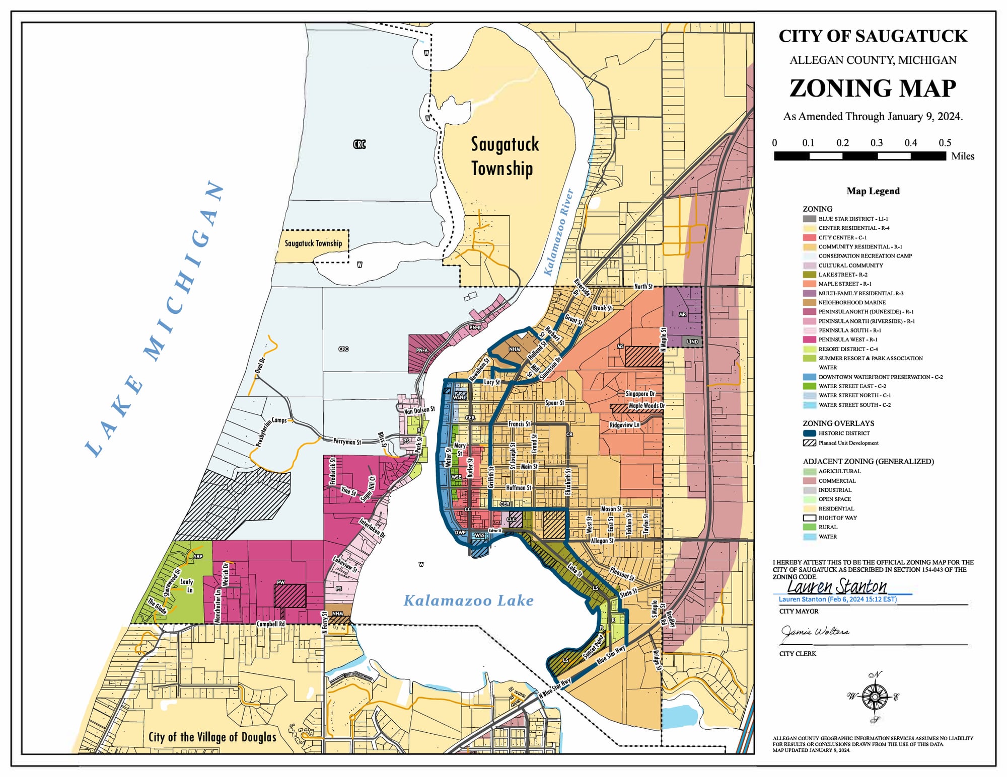 The City's zoning map, as amended through January 9, 2024, coloring each zoning district from the Lake Michigan dunes to Kalamazoo Lake and outlining the historic district around downtown, with Saugatuck Township to the north and the City of the Village of Douglas to the south; its legend names each district, from Community Residential R-1 to Water Street South C-2.
