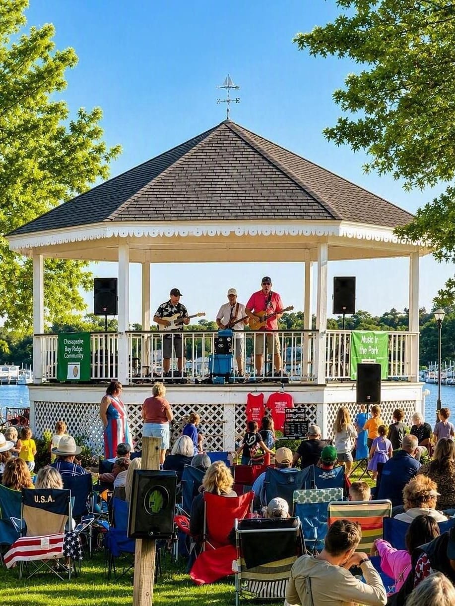 A band plays in the white gazebo at Wicks Park while a crowd in lawn chairs listens, with boats on the river behind.