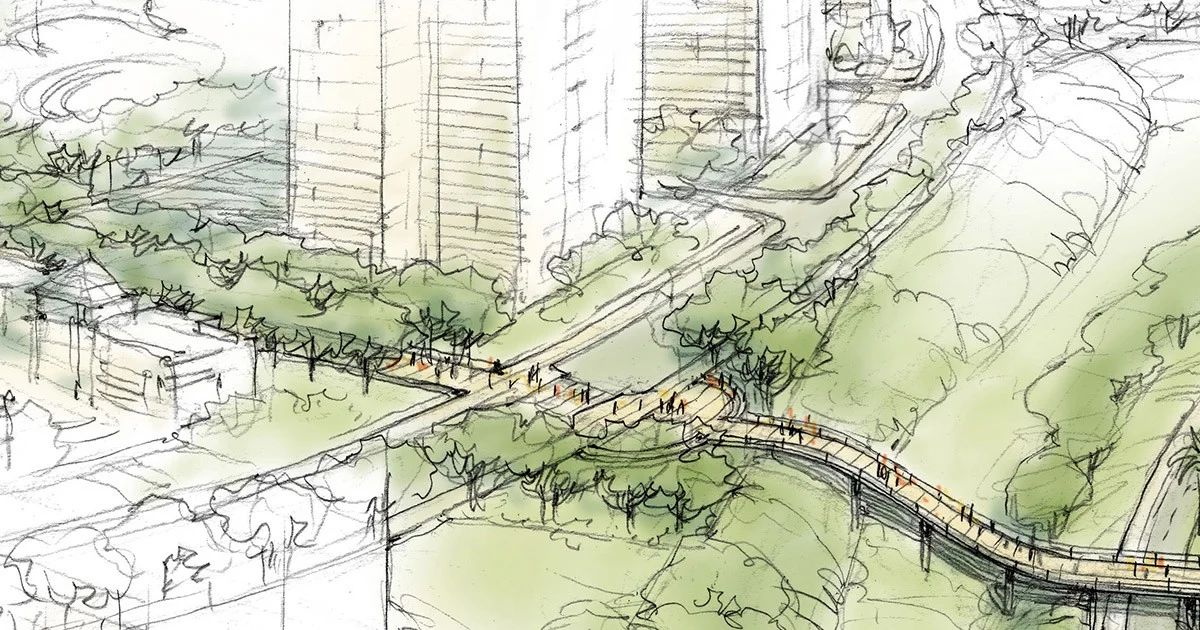 Plan sketch of a pedestrian bridge curving through trees beside District West's towers