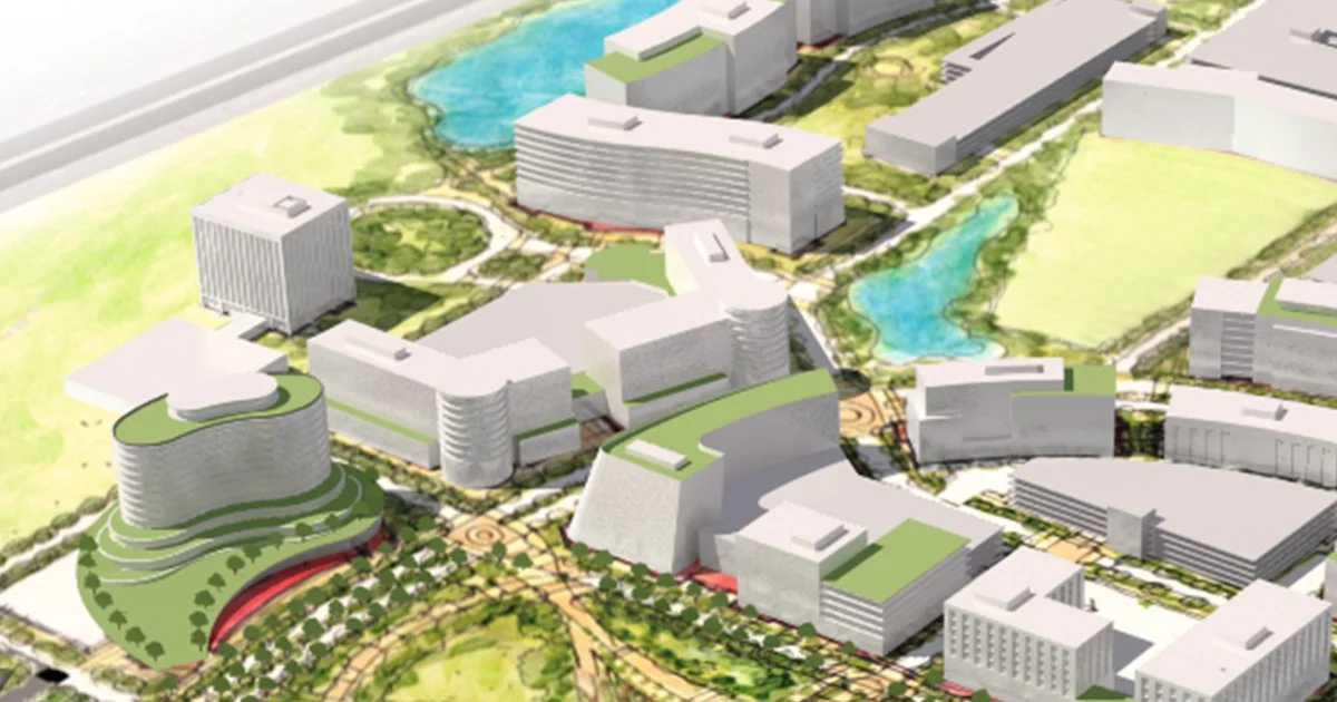 Plan rendering of the Business Core: office buildings with green roofs set around ponds and lawns