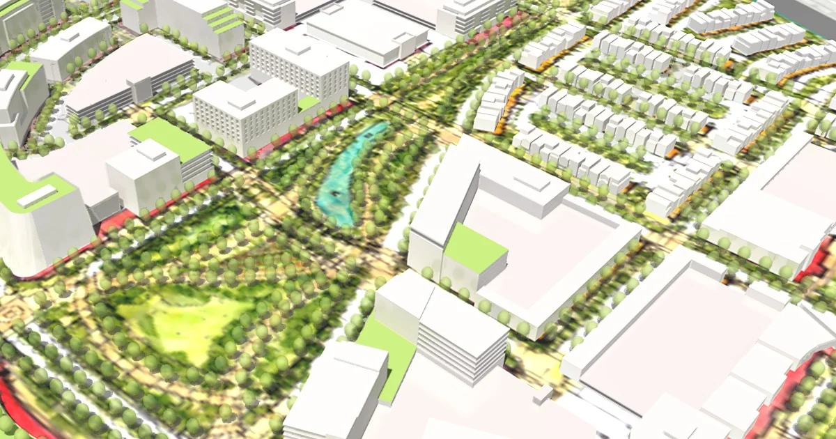 Plan rendering of the Greenway Park System: a long park with a pond running between new buildings