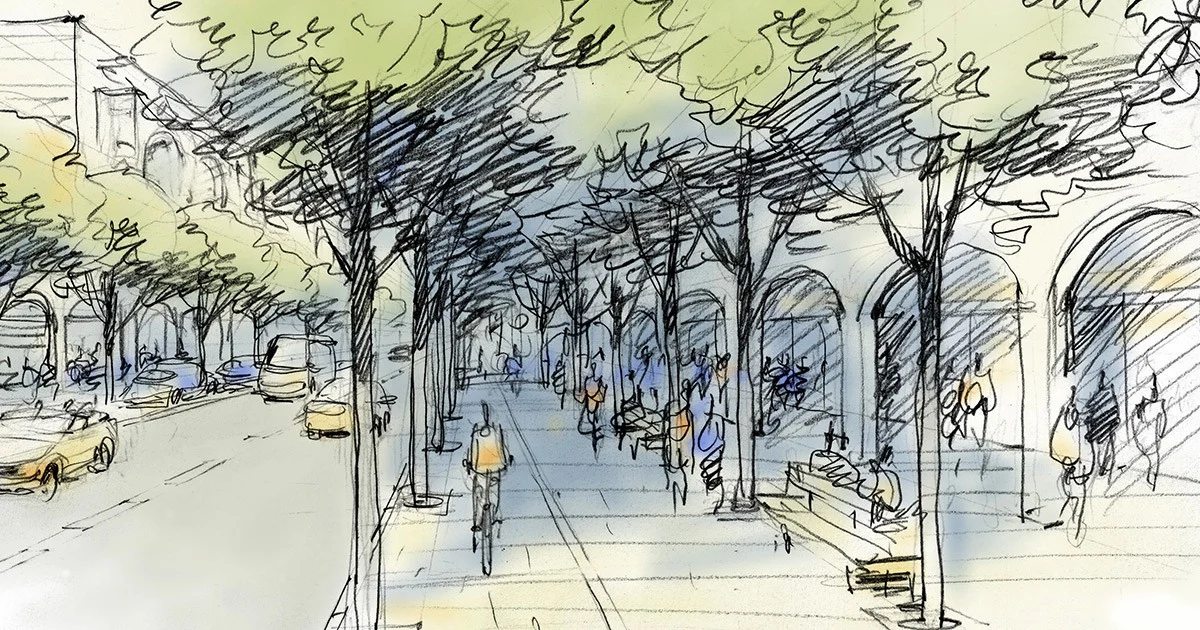 Plan sketch of Main Street: arcaded shopfronts behind a tree-lined sidewalk, people walking and cycling