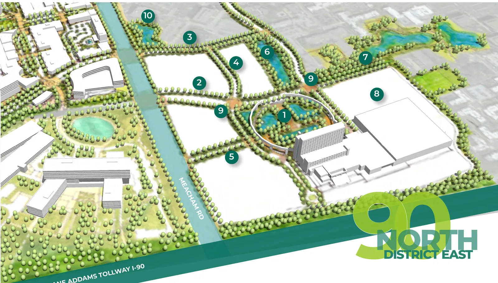 Illustrative master plan of 90 North District East: the Renaissance Hotel and Schaumburg Convention Center east of Meacham Road, above the Jane Addams Tollway (I-90), with ten plan elements numbered