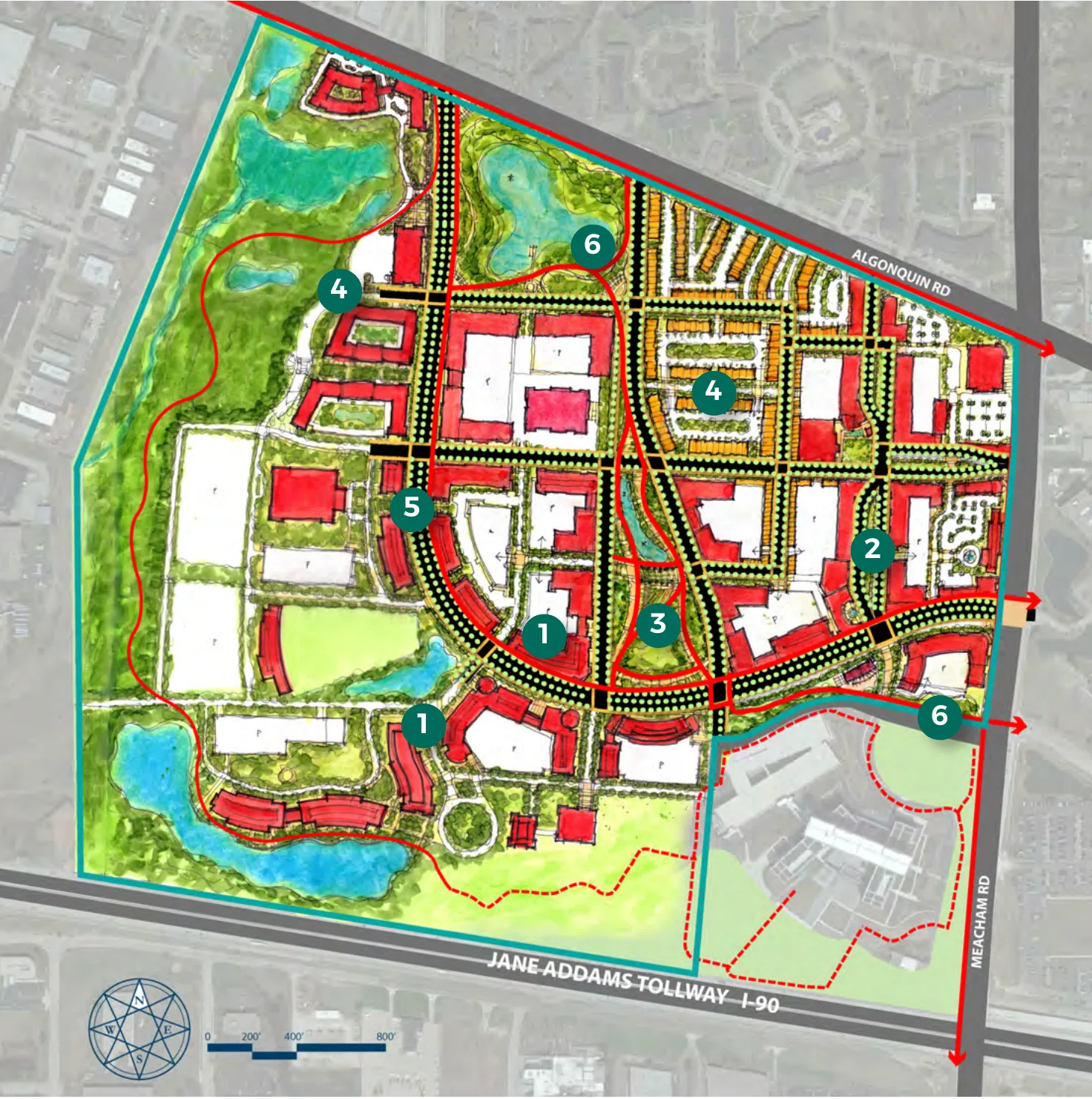 Illustrative master plan of 90 North District West, bounded by Algonquin Road, Meacham Road and the Jane Addams Tollway (I-90), with its six plan elements numbered