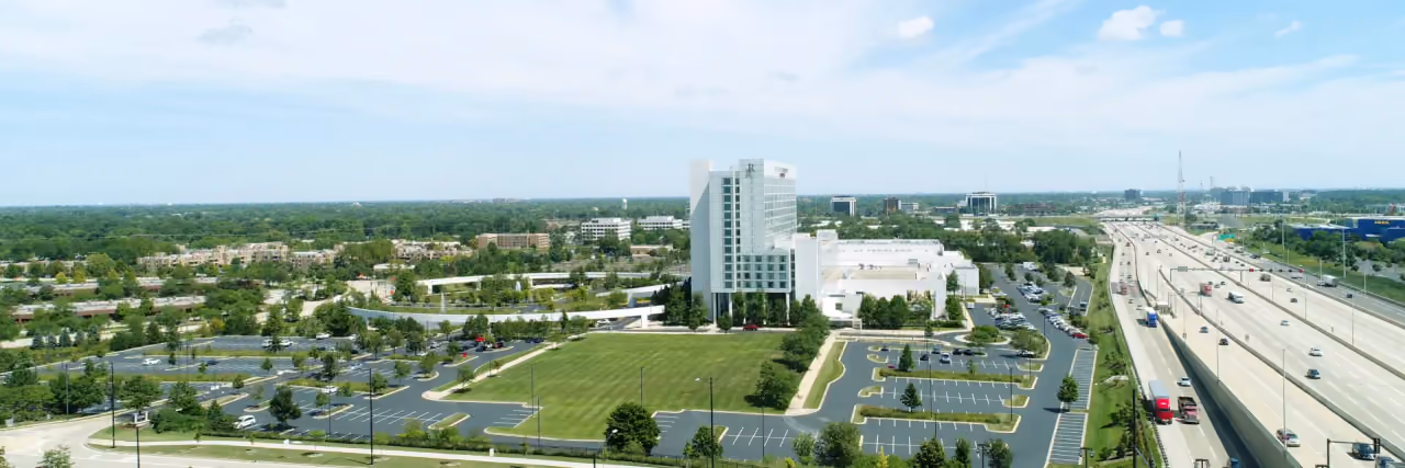 Aerial view of 90 North with the Renaissance Schaumburg Convention Center Hotel beside I-90