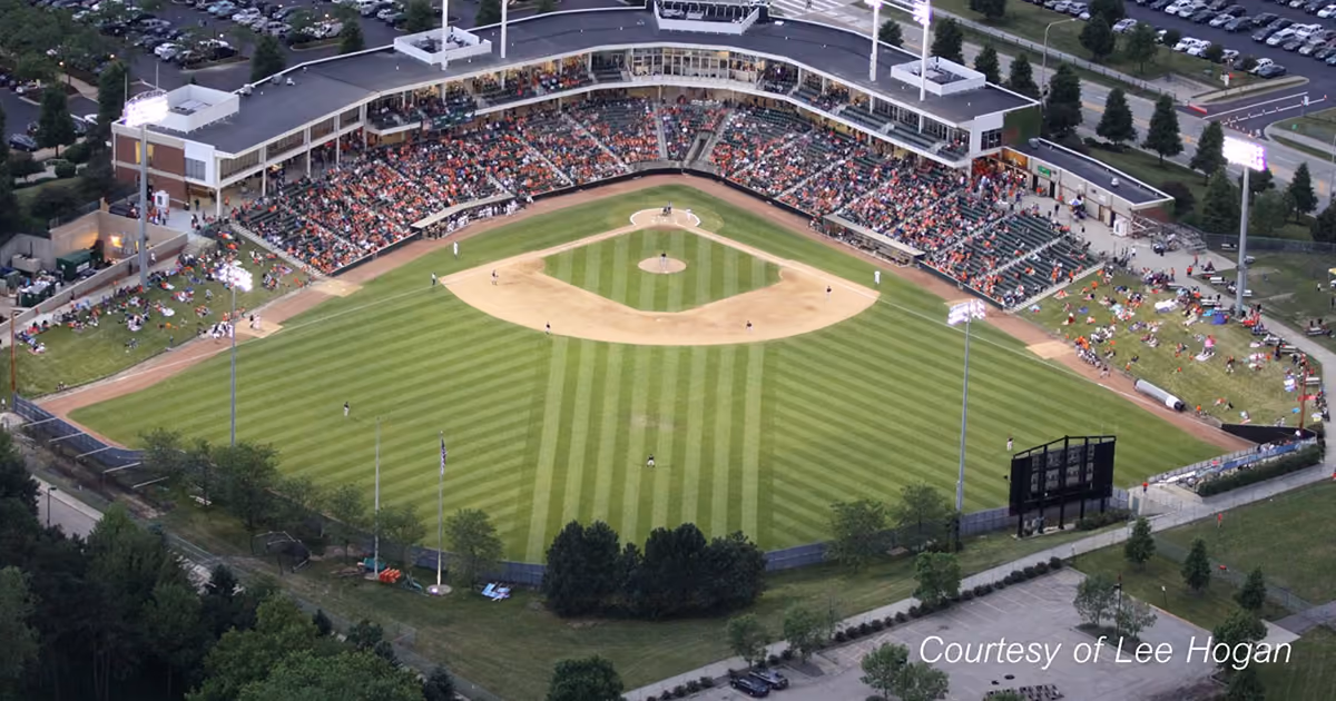 Aerial view of the Schaumburg Boomers' ballpark during a game, the stands full