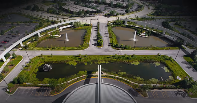 Looking down on the Embrace, a ring-shaped drive around fountain ponds at the entrance of the Renaissance Hotel