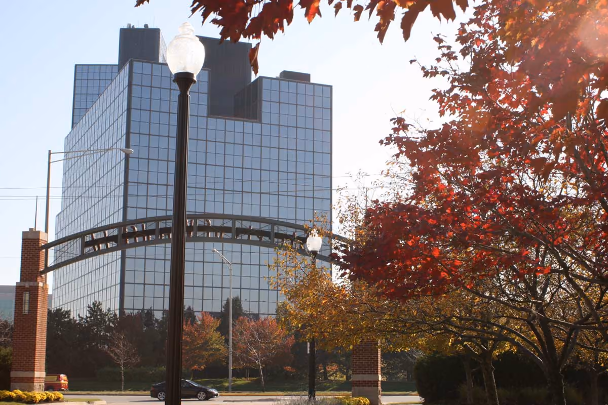 A dark glass office tower behind a street lamp and red fall leaves