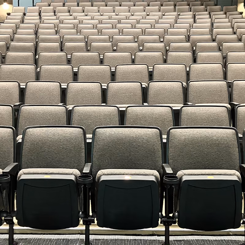 Rows of new upholstered seats in the Maggie Atcher Theatre