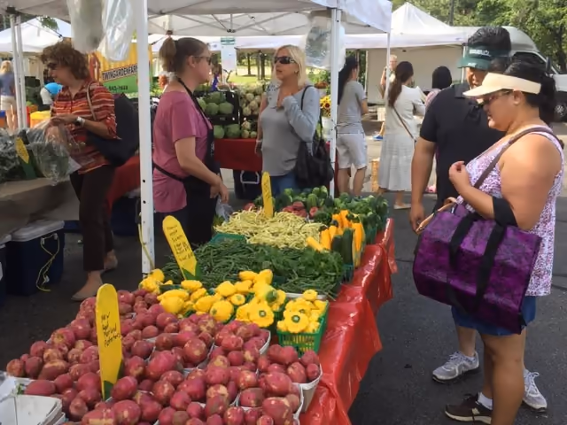 Shoppers at a Farmers Market stand piled with apples, peppers and greens under white tents