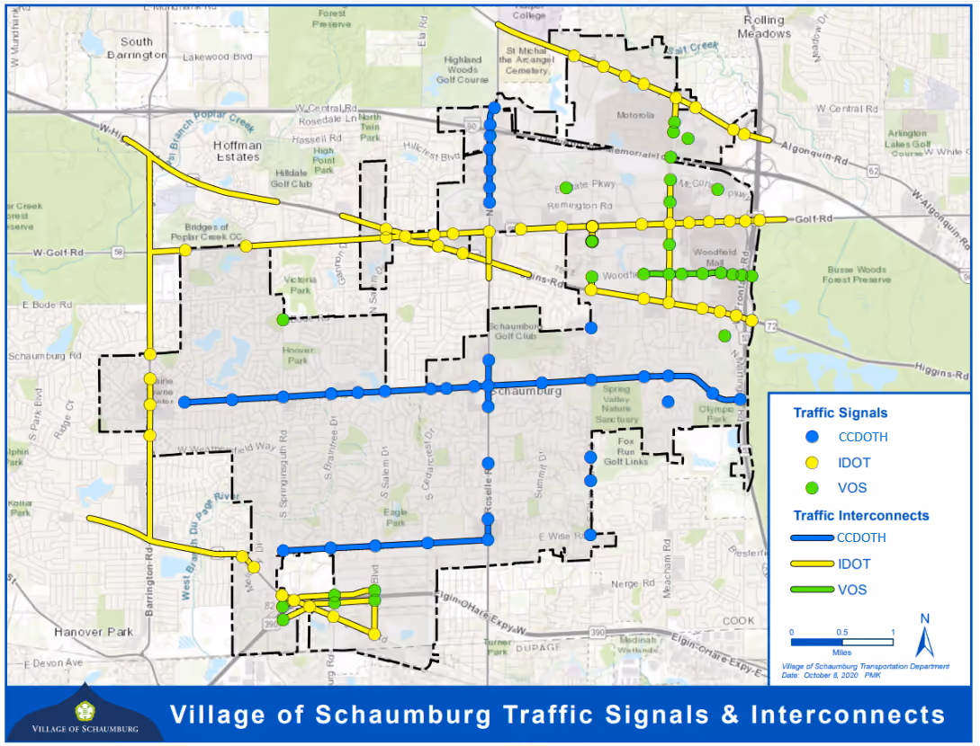 Map of Schaumburg showing traffic signals and interconnects by CCHD, IDOT, and VOS.