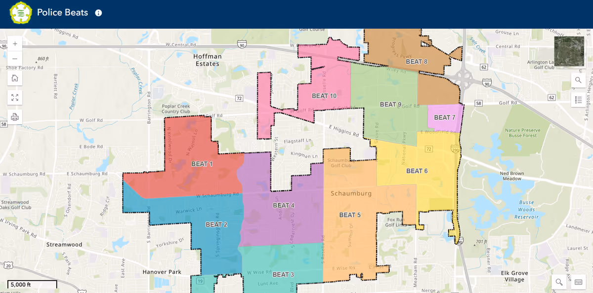 Map of Schaumburg's ten police beats, each shaded its own color