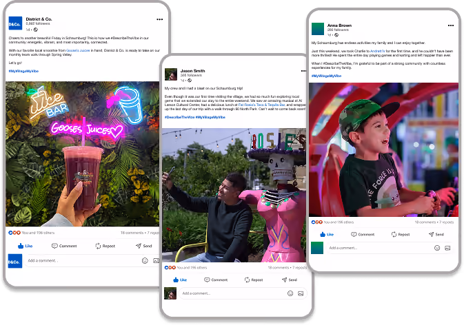 A collage of three social media posts featuring a colorful juice bar sign, a person next to a robot sculpture, and a smiling boy at an amusement park.