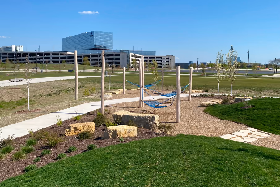 90 North Park features walking paths in close proximity to residential and private businesses.