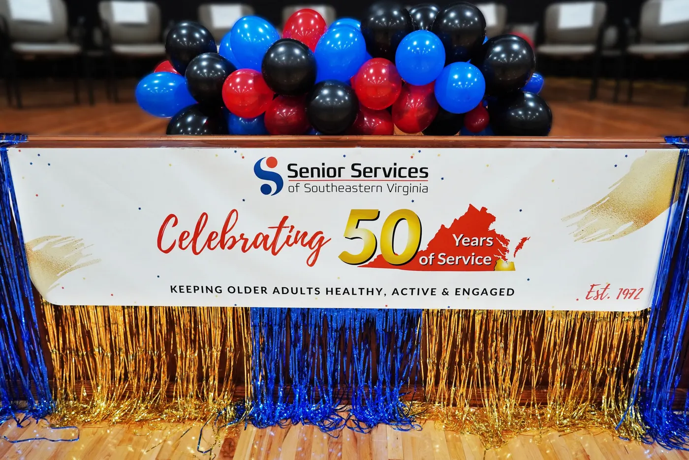 The stage display from Senior Services' 50th anniversary celebration and the grand opening of the Hayden Village Center.