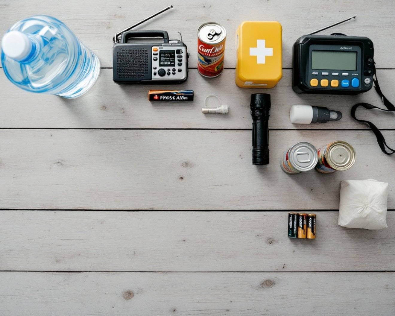 A home emergency kit laid out: water, a hand-crank radio, flashlight, first aid, and canned supplies.