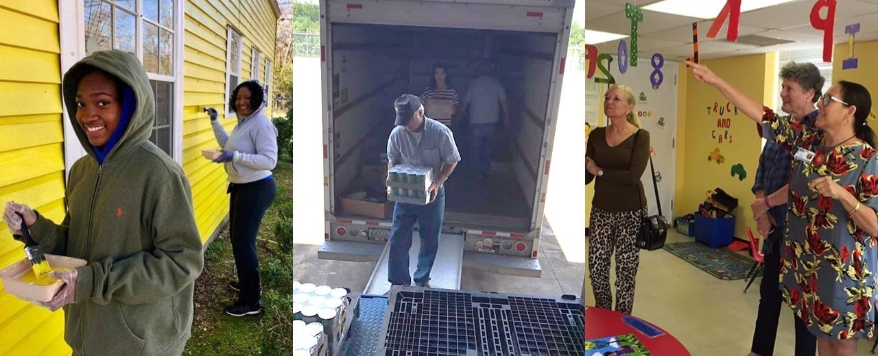 Alabama volunteers in action: painting a home, unloading relief supplies from a truck, and setting up a children's classroom.