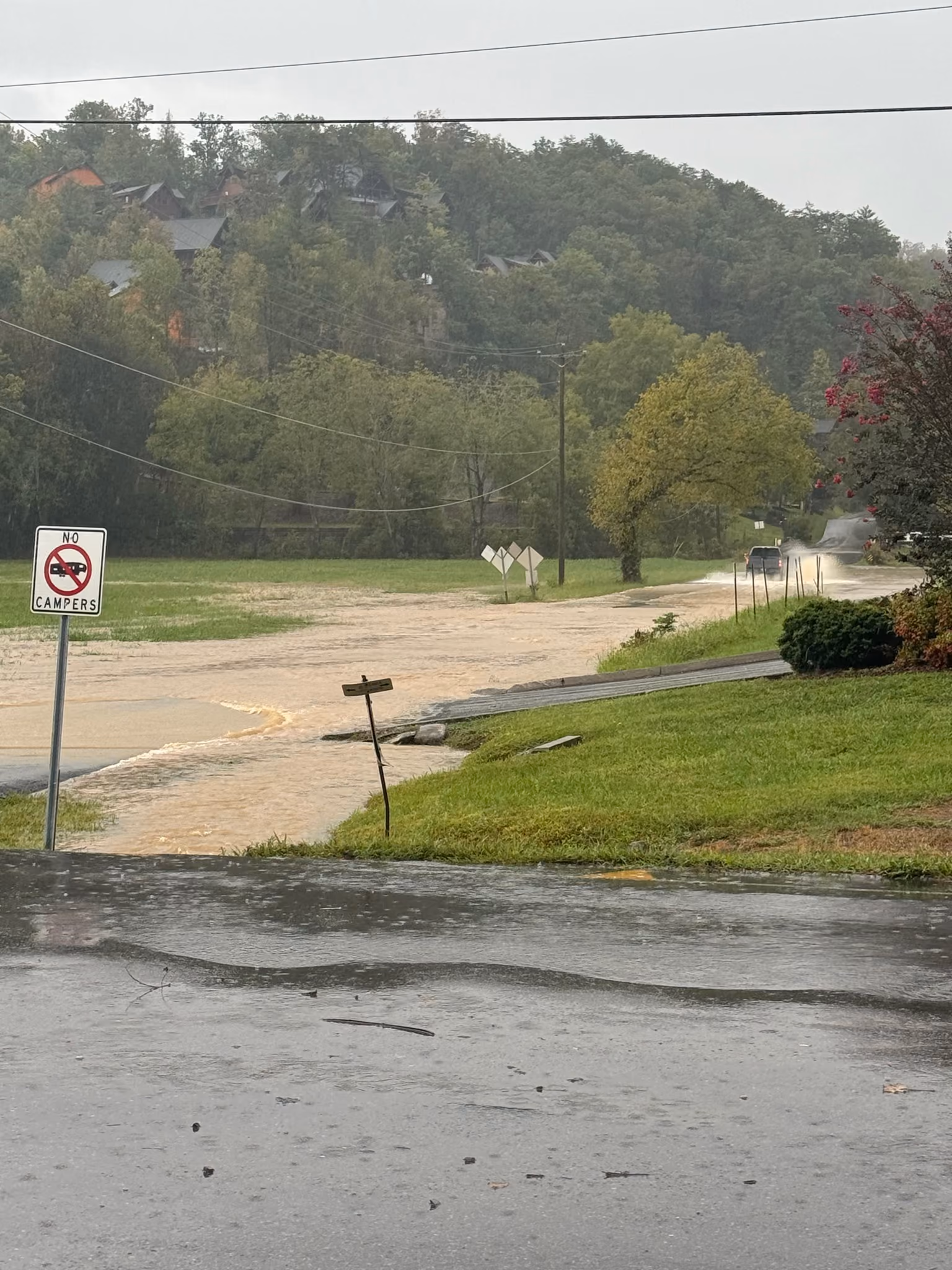 Floodwater over a road in Pigeon Forge, September 2024