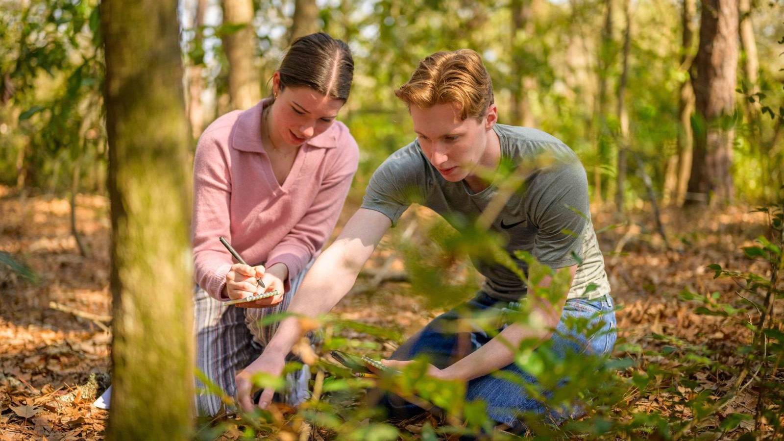 Two GSSM students kneeling in the pine woods, one taking notes while the other examines a plant.