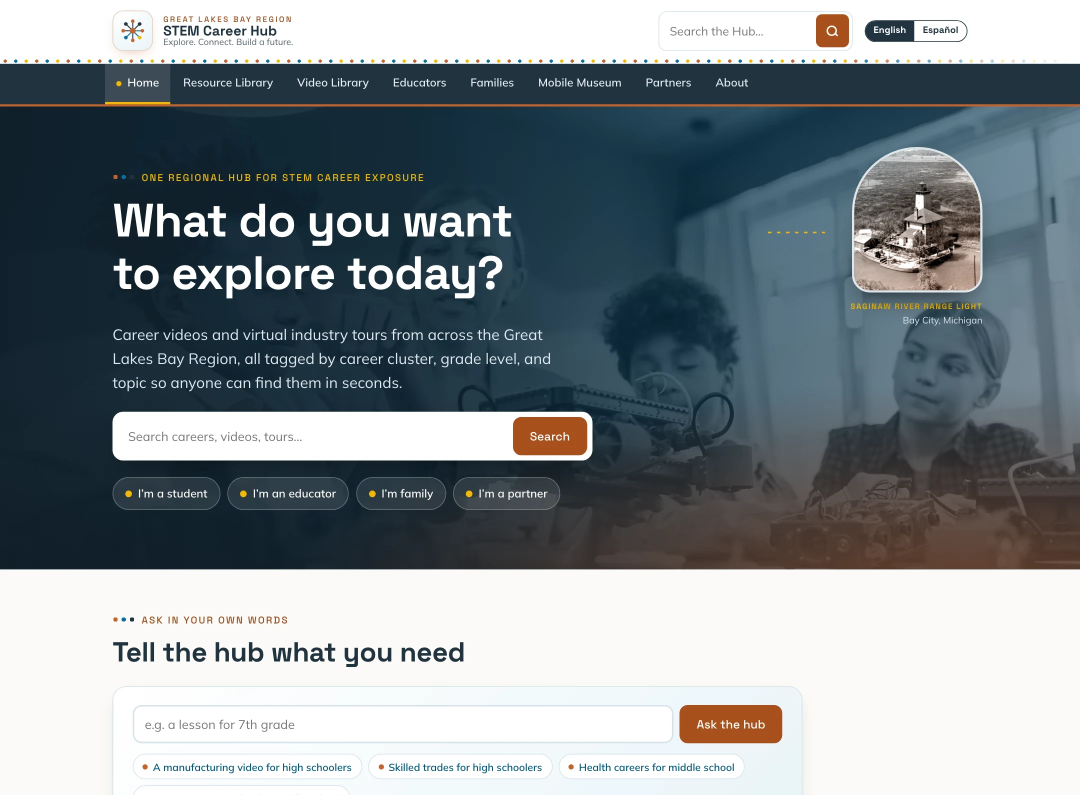 The live Great Lakes Bay STEM Career Hub, showing career guidance and exploration paths