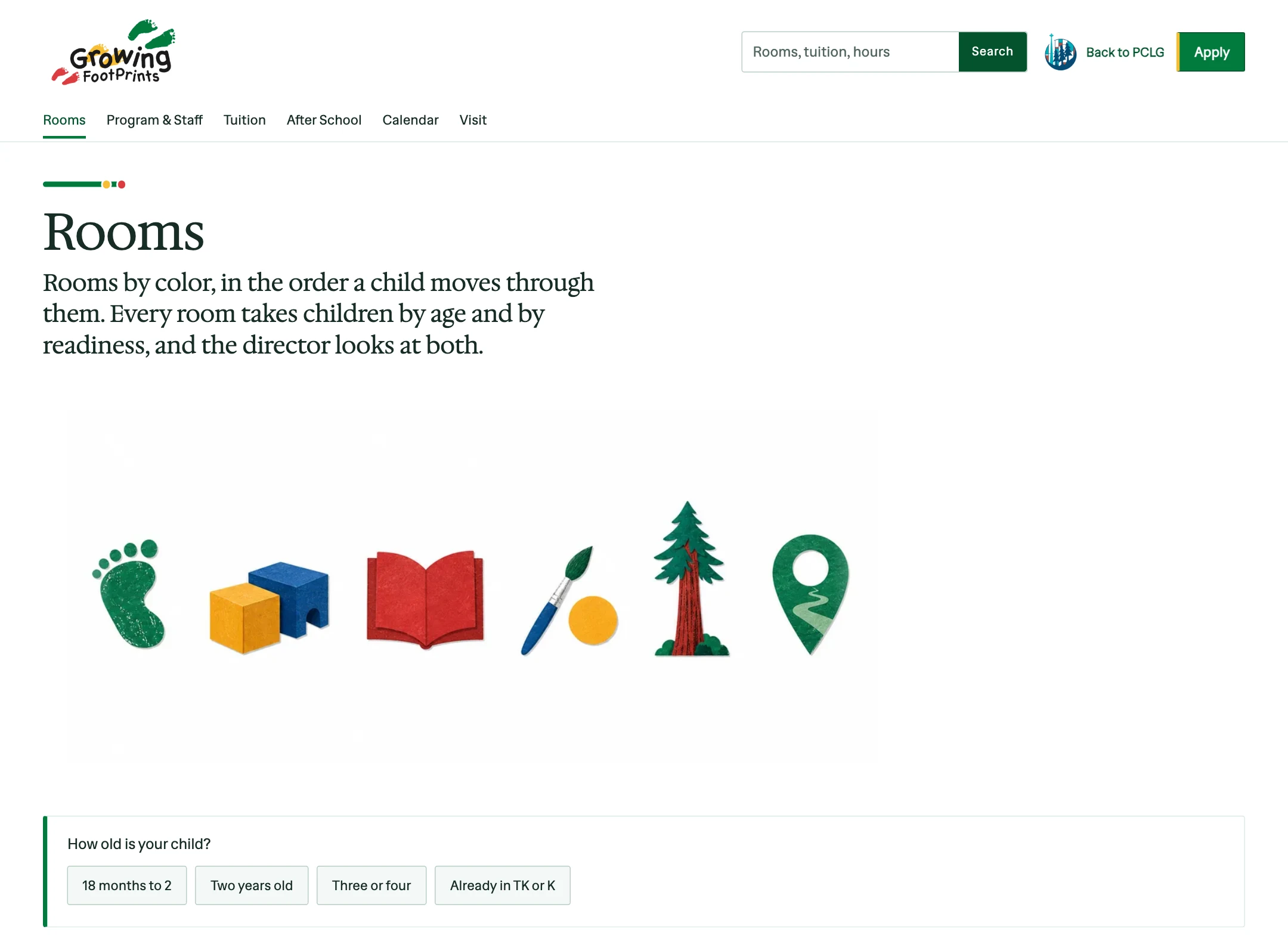 The Growing FootPrints rooms page with an age-based starting point for parents