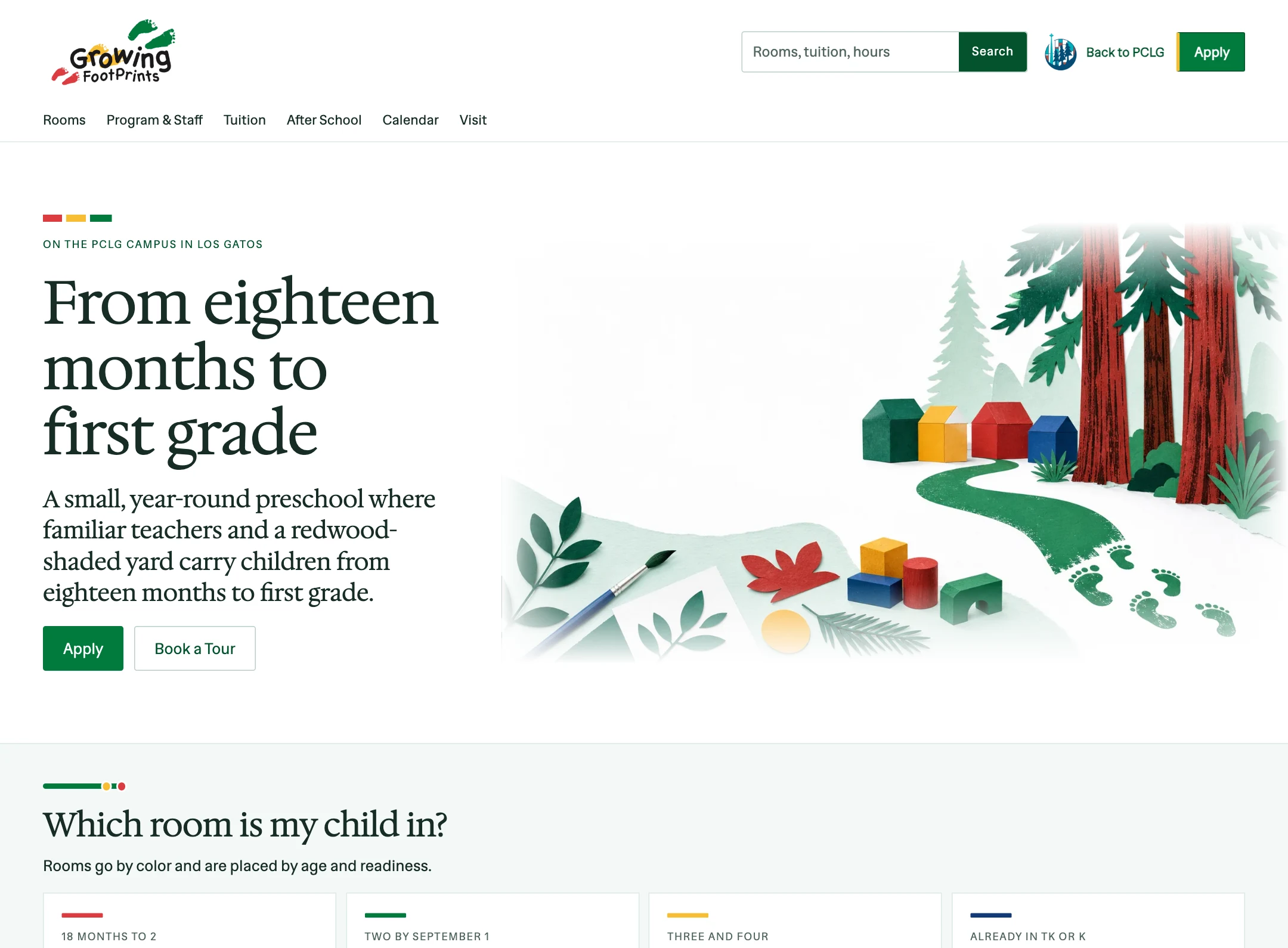 The live Growing FootPrints Preschool website, with its colorful classroom illustration and room choices