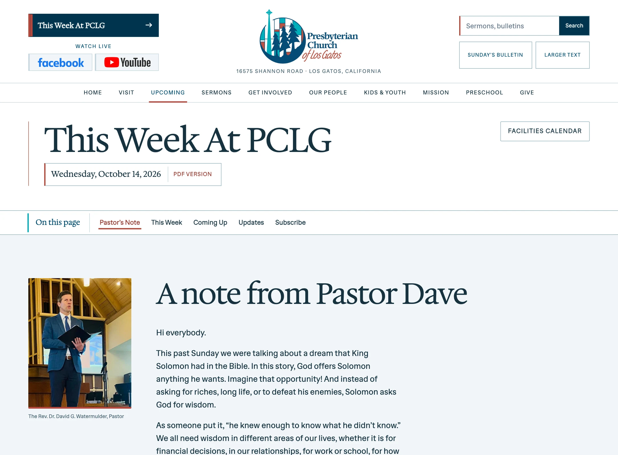 This Week at PCLG with a dated edition, section links, and the pastor's note