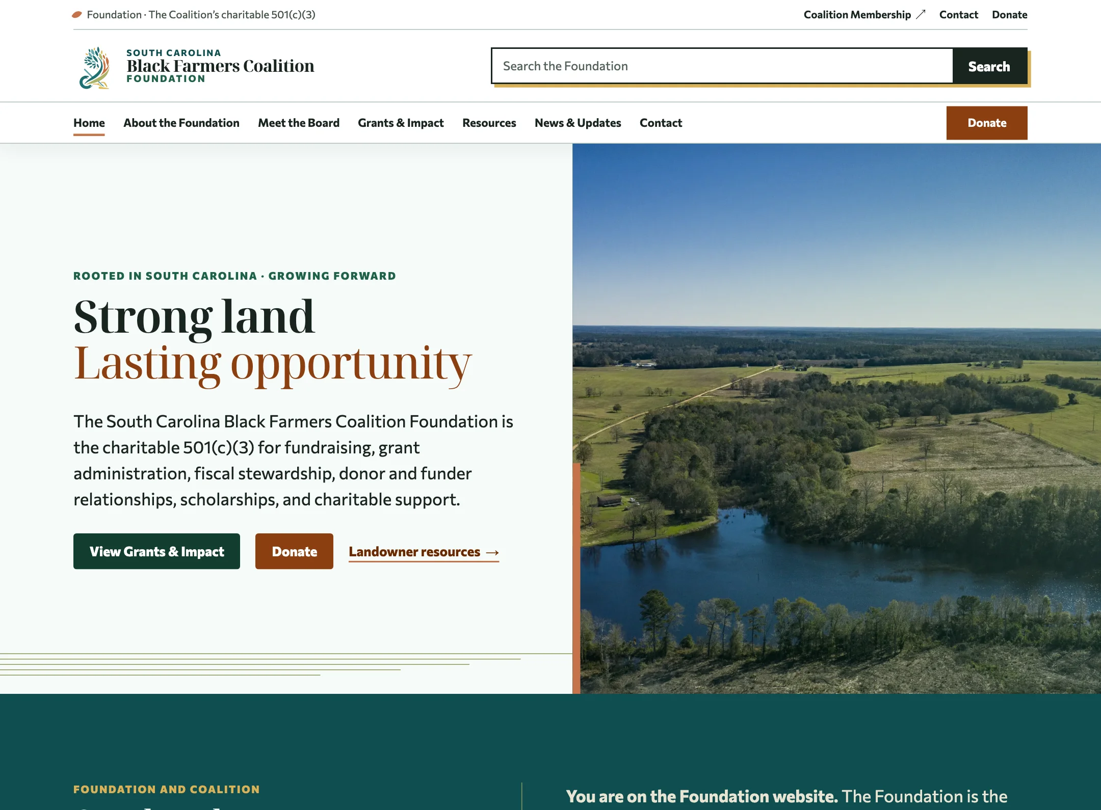 The live South Carolina Black Farmers Coalition Foundation website, with its farmland photography and Foundation introduction