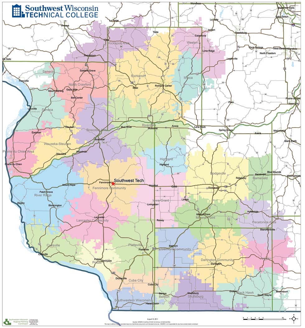 A map of the Southwest Tech district across southwest Wisconsin, with Fennimore marked at the center