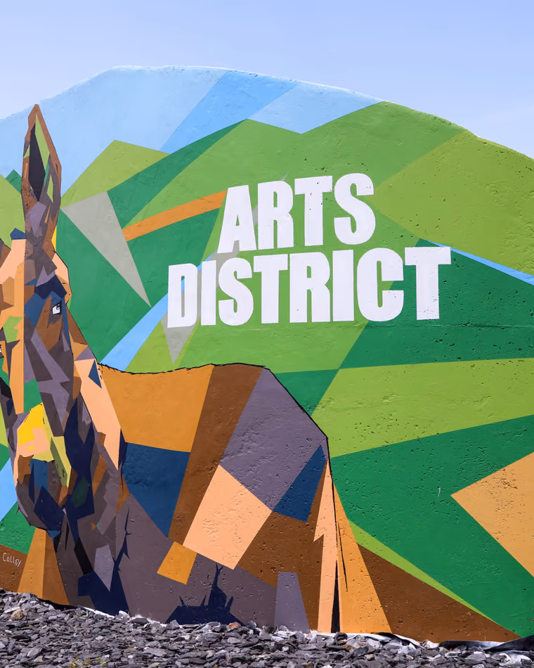 A geometric mule mural in greens and oranges on a long wall reading Columbia Arts District.