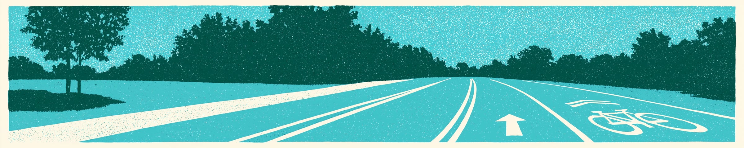 A bike lane with painted arrows under summer trees in teal