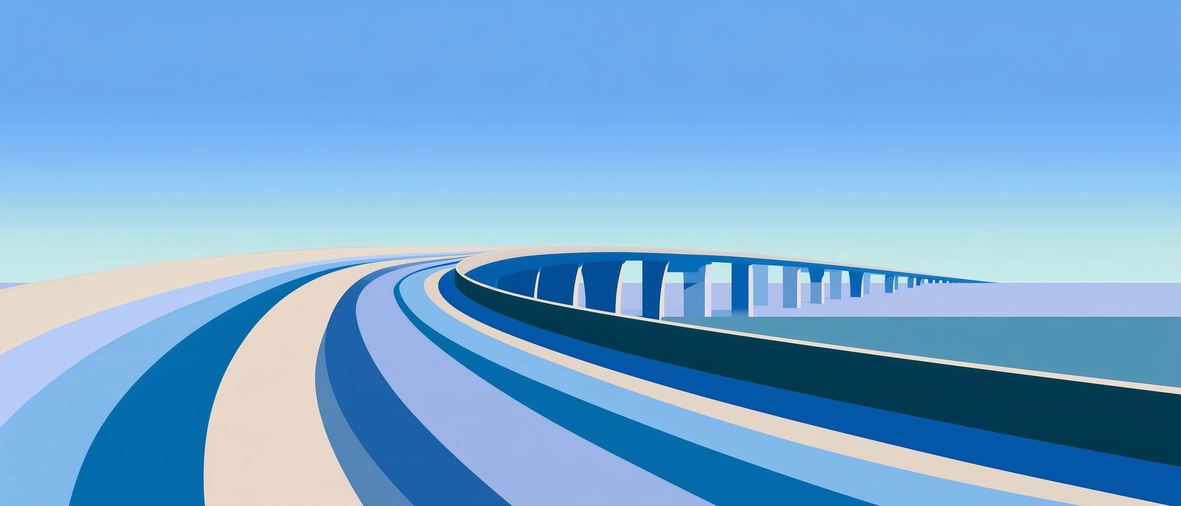 A long bridge curving over water in bands of blue and cream