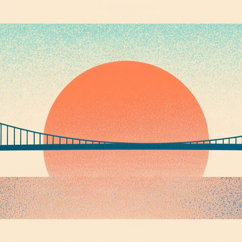 A suspension bridge in front of a large orange sun