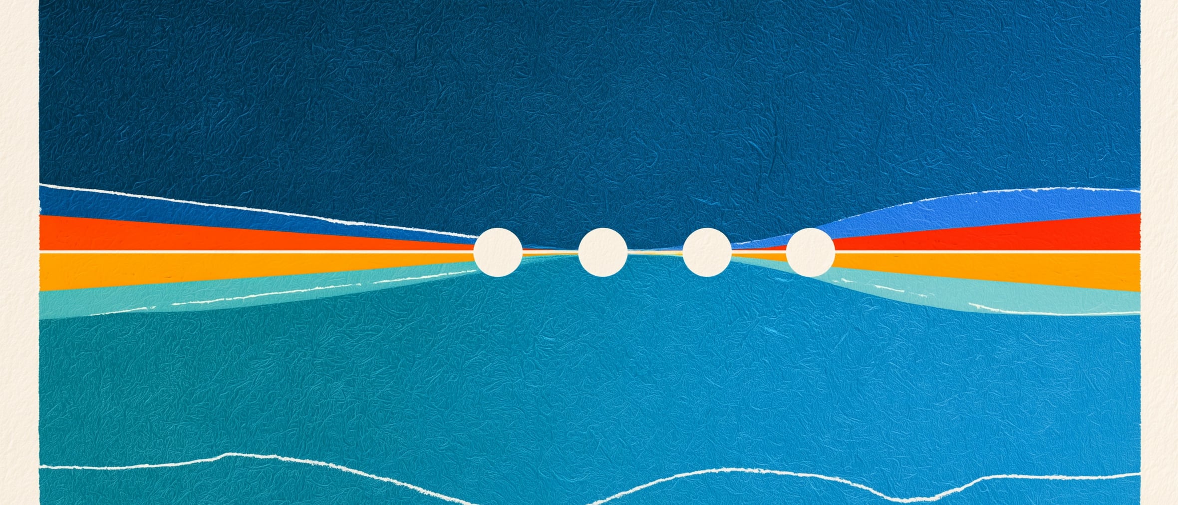 Blue, orange and green currents converging on four white stops