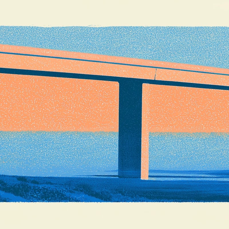 An elevated guideway crossing calm water in blue and orange