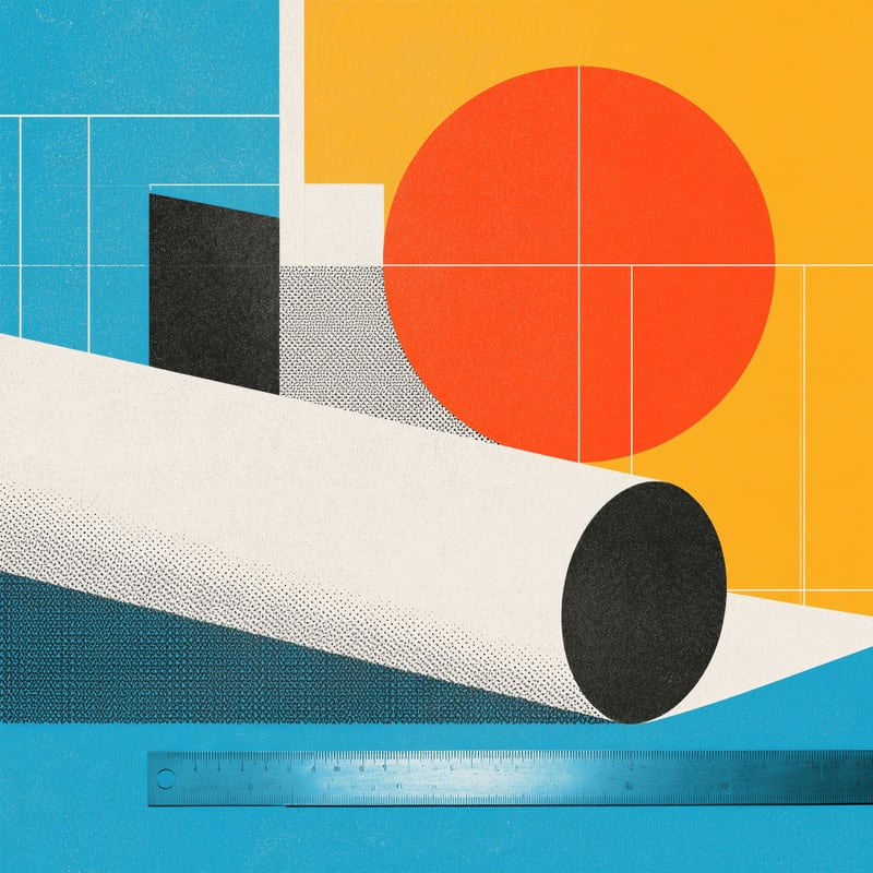 A rolled plan sheet beside an orange circle and a scale rule