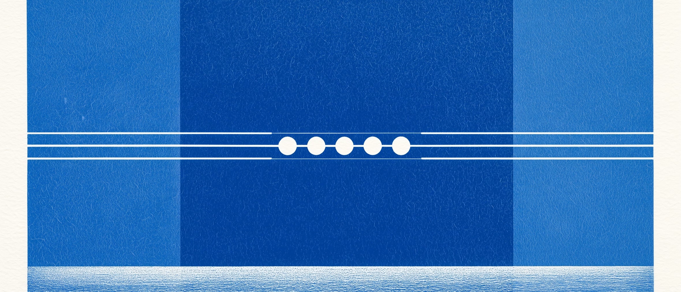 Three white lines and five stops across a deep blue field